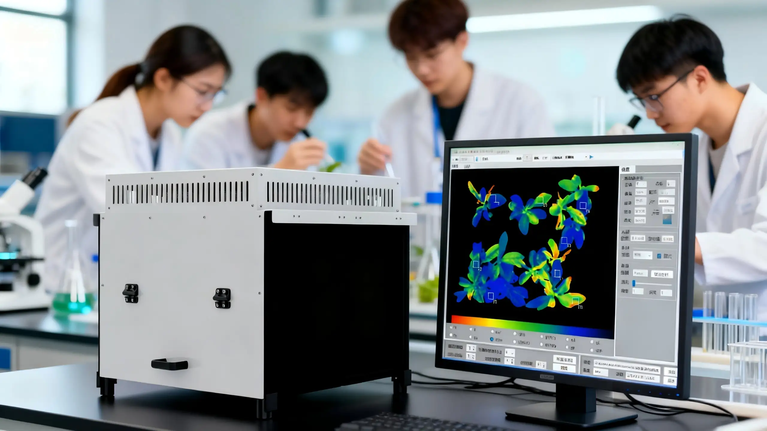 jimeng-2025-12-26-9402-请将这张图片融入某大学科研实验室的场景，放置在实验桌面上，旁边放置一台电脑显示器...(2)